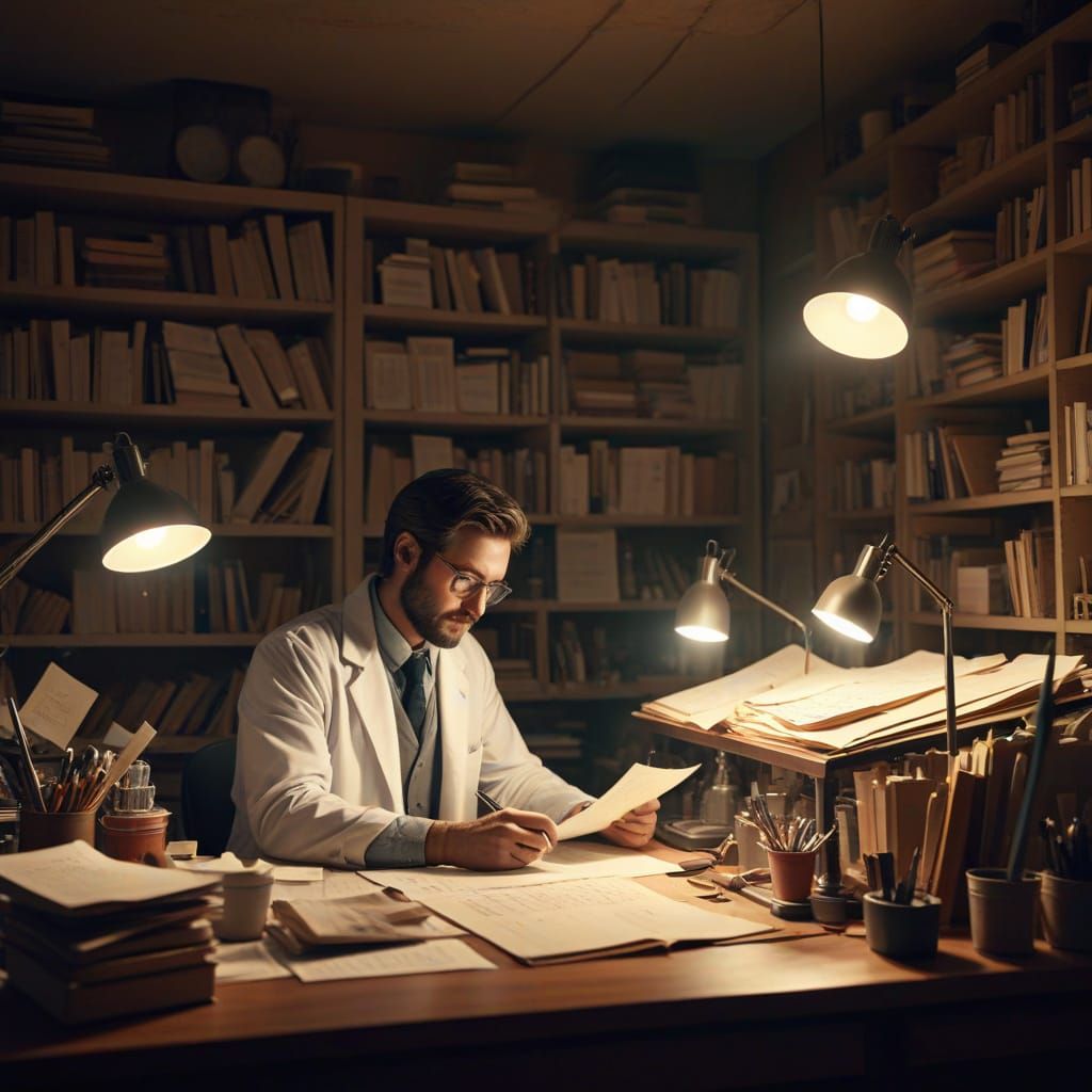 Scientist in a Cluttered Laboratory, Masterful Digital Art