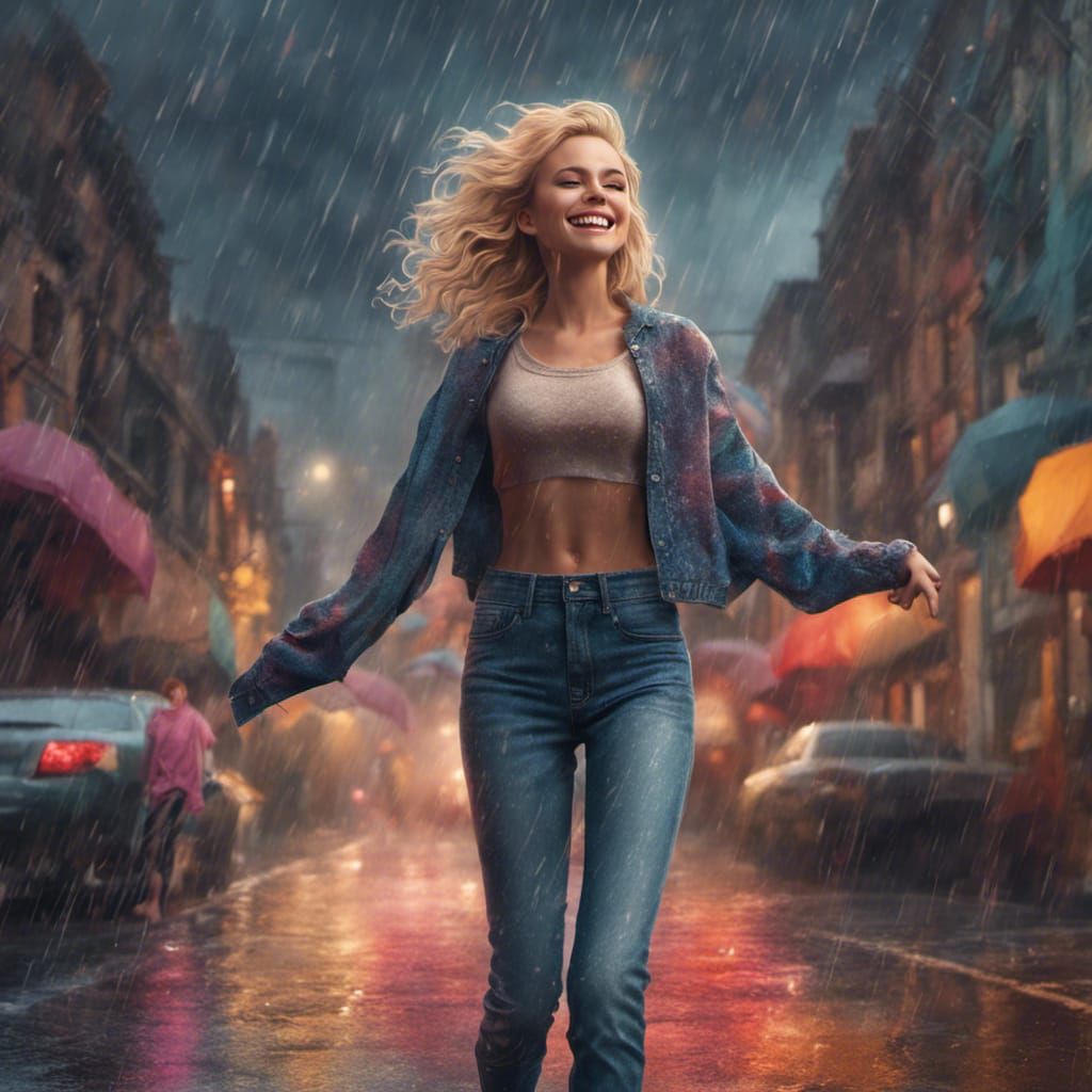 Joyful Blonde Dances in Rainy Fantasy Art