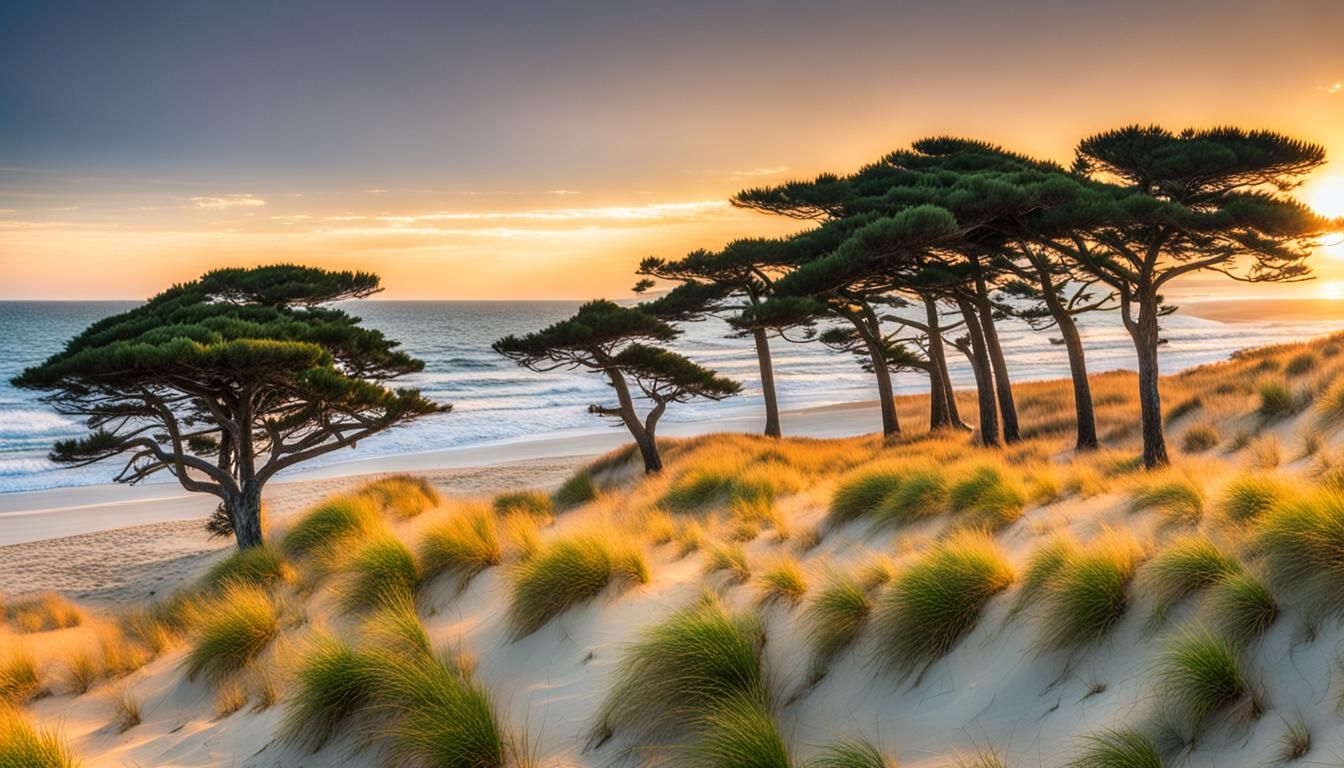 Sunrise Silhouettes: Norfolk Pines on Deserted Beach