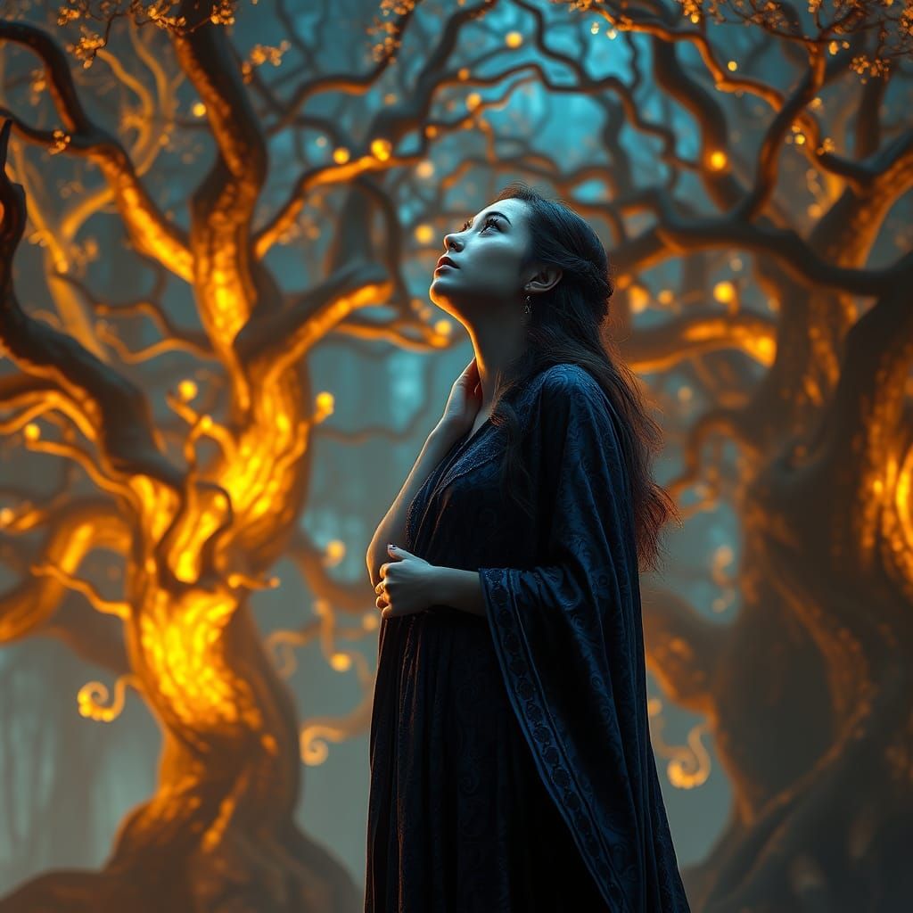 Mystical Woman in Glowing Forest, Digital Art