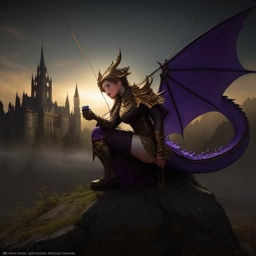 Elf Archer in Dragon Landscape, Dark Fantasy Art