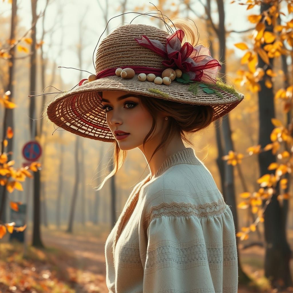 Nordic Fashionista in Autumn Forest with Woven Hat