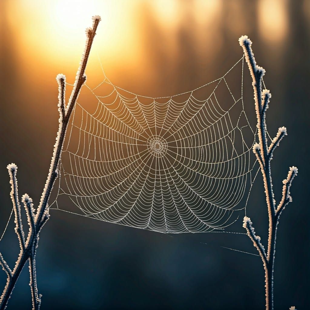 Frozen Spiderweb Reflecting Dawn Light as Digital Painting