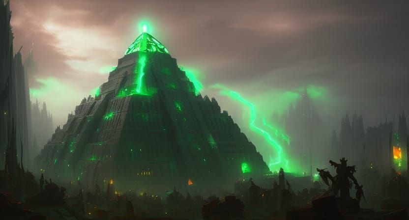 Evil Ziggurat with Green Light, Dark Fantasy Concept Art