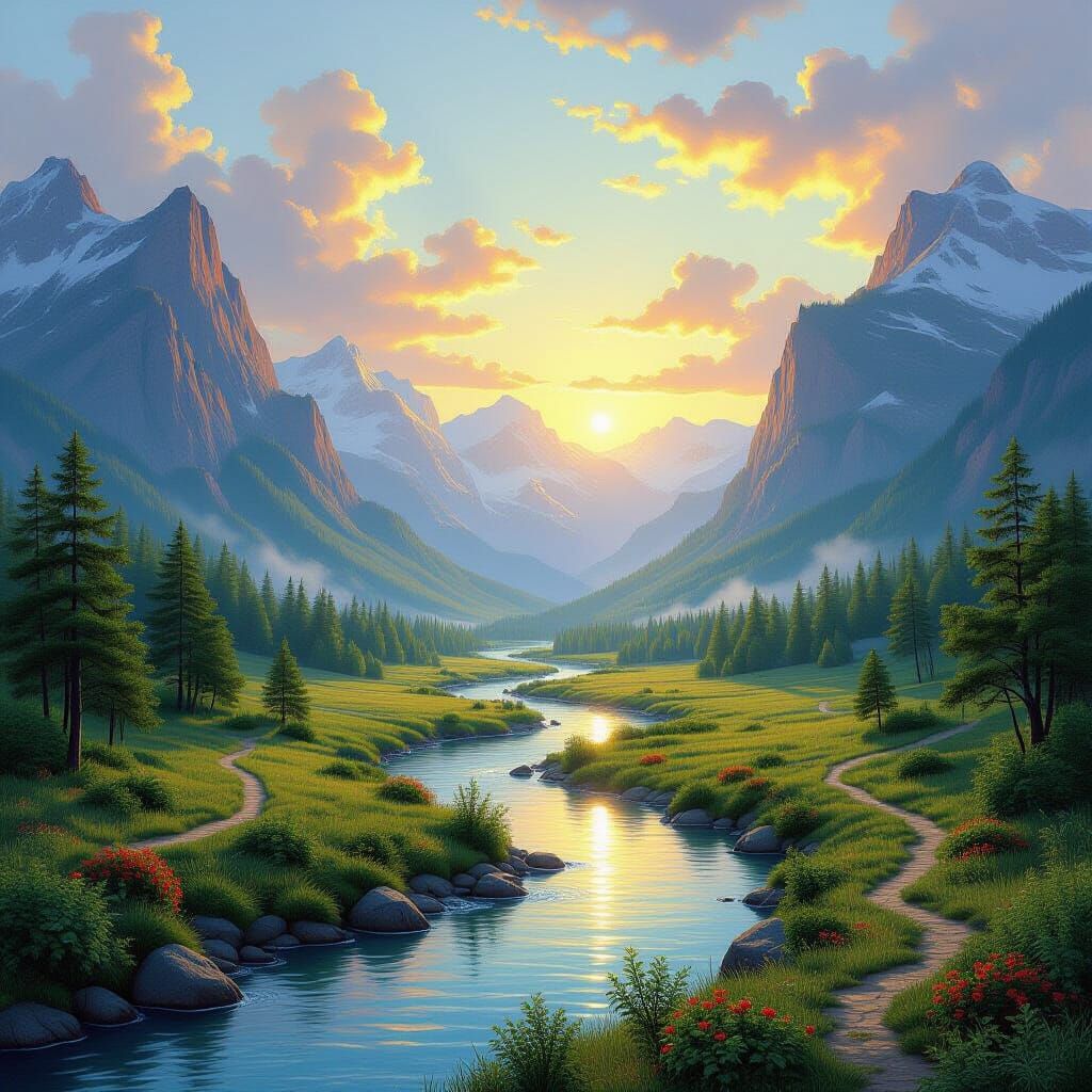 Golden Valley Landscape in Astral Cosmic Illustration