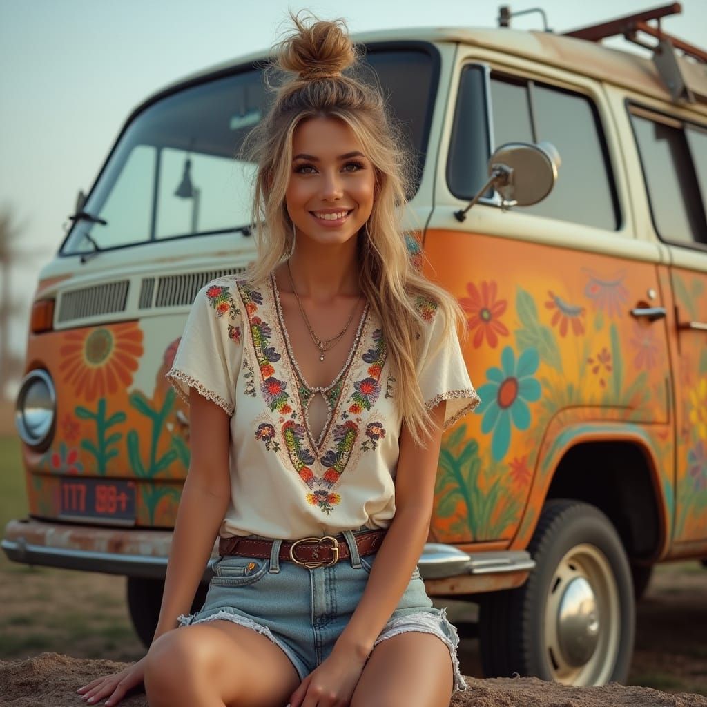 Hippie Woman with VW Bus and Flower Power Art