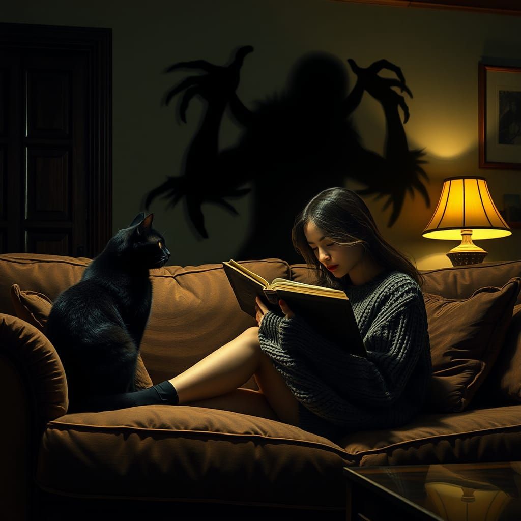 Eerie Cat and Shadow Figure in Dark Realism Style