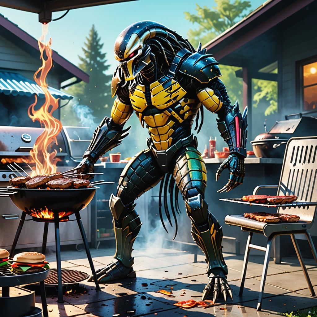 Predator Grilling Burgers with Xenomorph, Comic Art