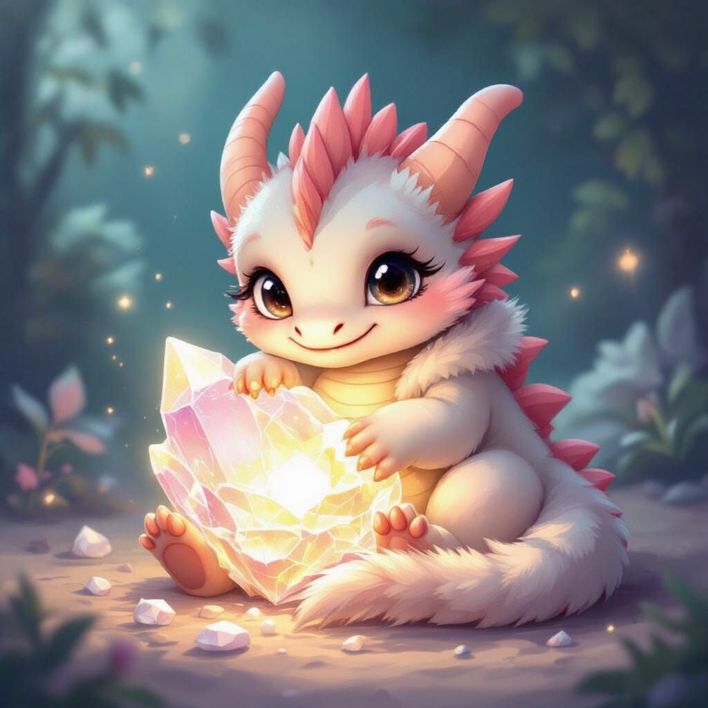 Cute Pastel Dragon with Glowing Crystal, Fantasy Art
