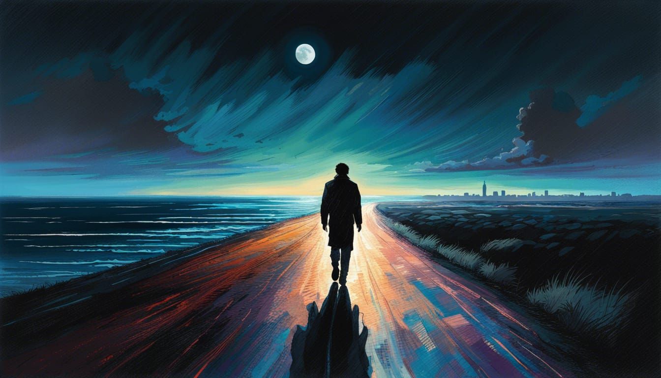 Solitary Figure on Coastal Road in Hyperrealistic Style