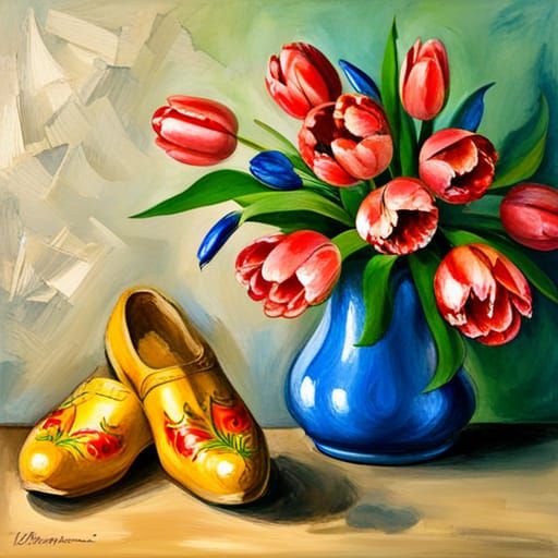 Dutch Wooden Shoes and Tulips in Gouache Style