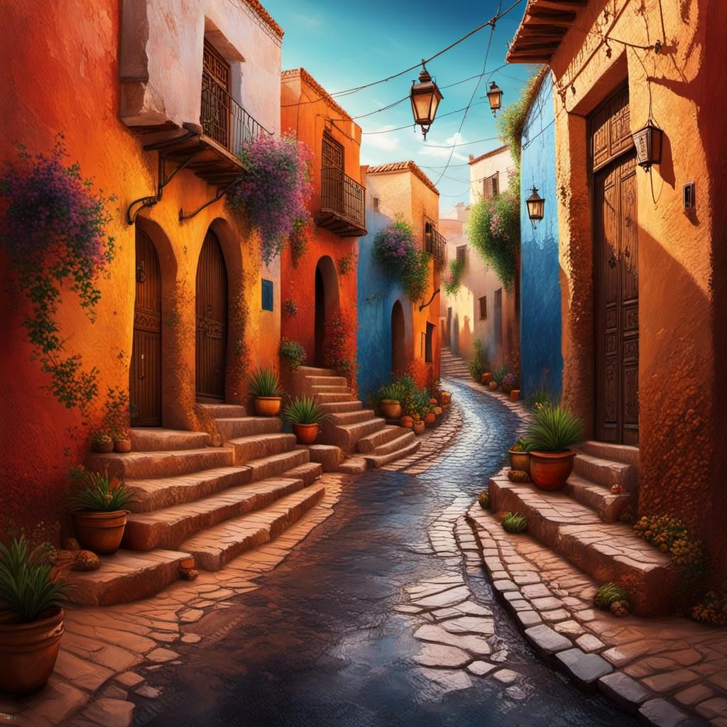 Moroccan Village Street in Spring, Hyperrealistic Splash Art