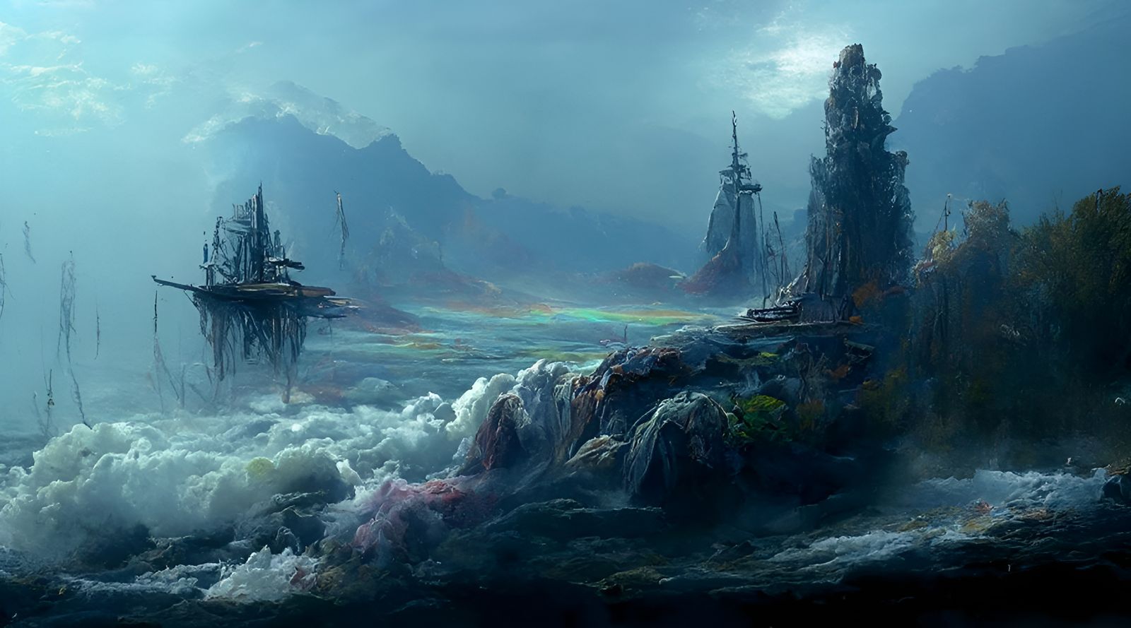 Ghost Ship on Haunted Seas: A Dramatic Waterscape