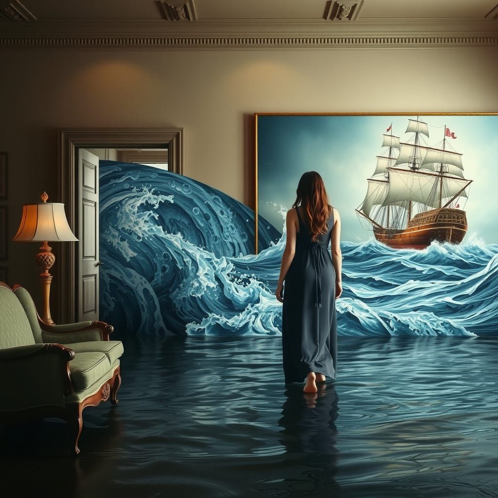 Surreal Flooded Living Room With Woman Emerging From Paintin...