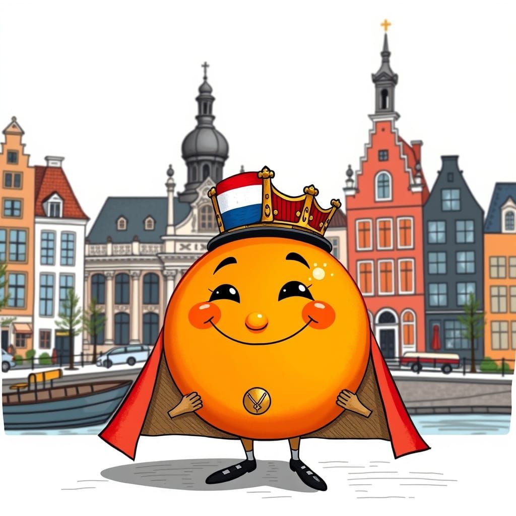 Vibrant Cartoon of Orange King in Amsterdam Cityscape