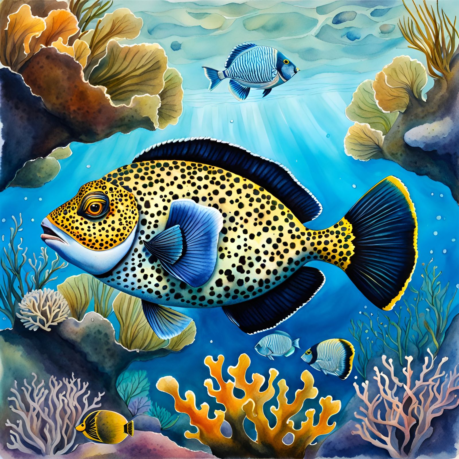 Leopard Triggerfish in Underwater Coral Reef: Watercolor