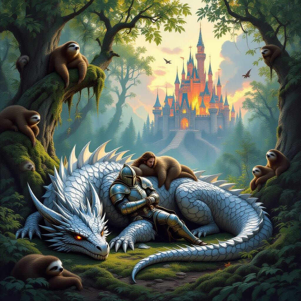 Knight and Dragon Beside Sloths in Fiery Castle Battle