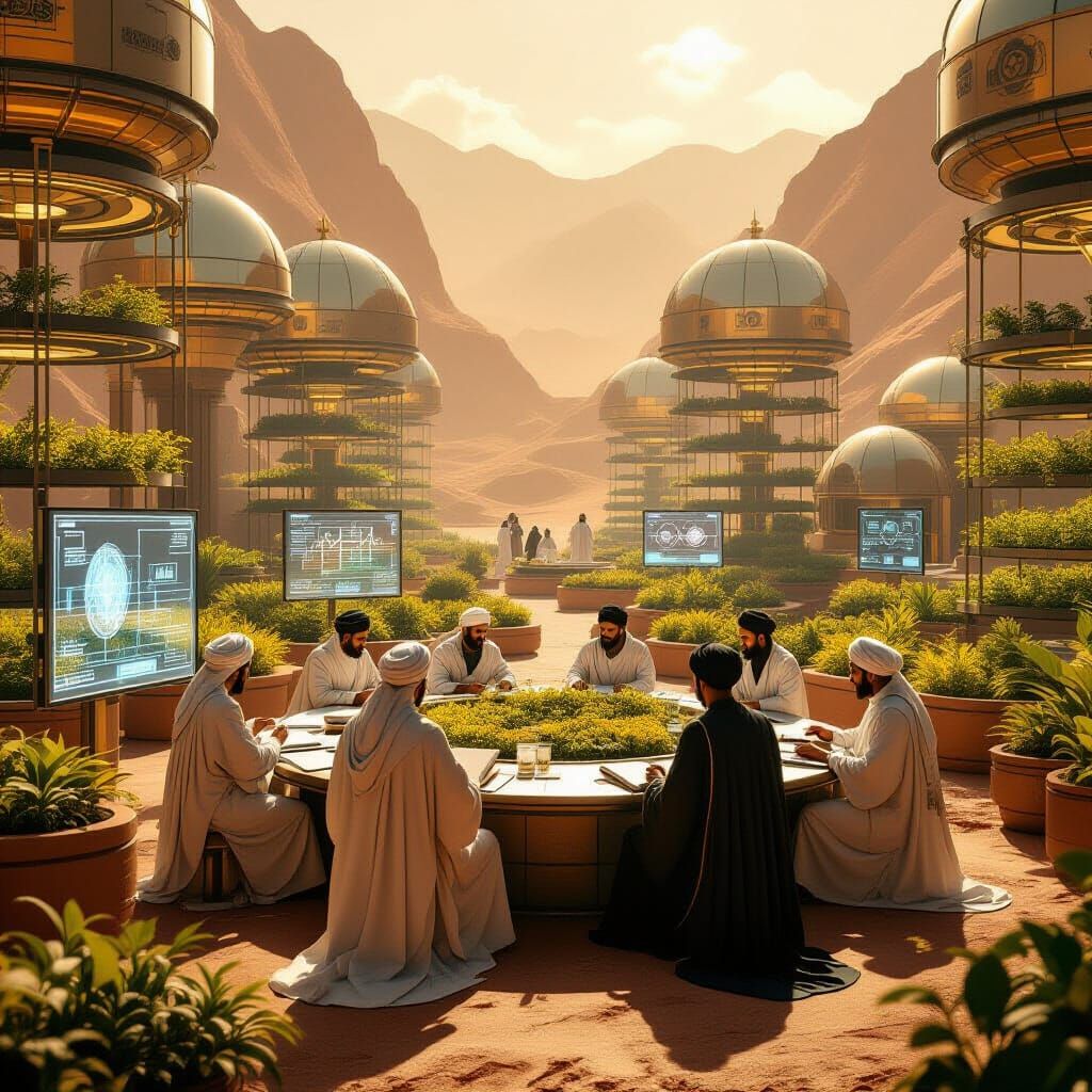 Terraformed Mars Oasis: Muslim Scholars in Photorealistic St...