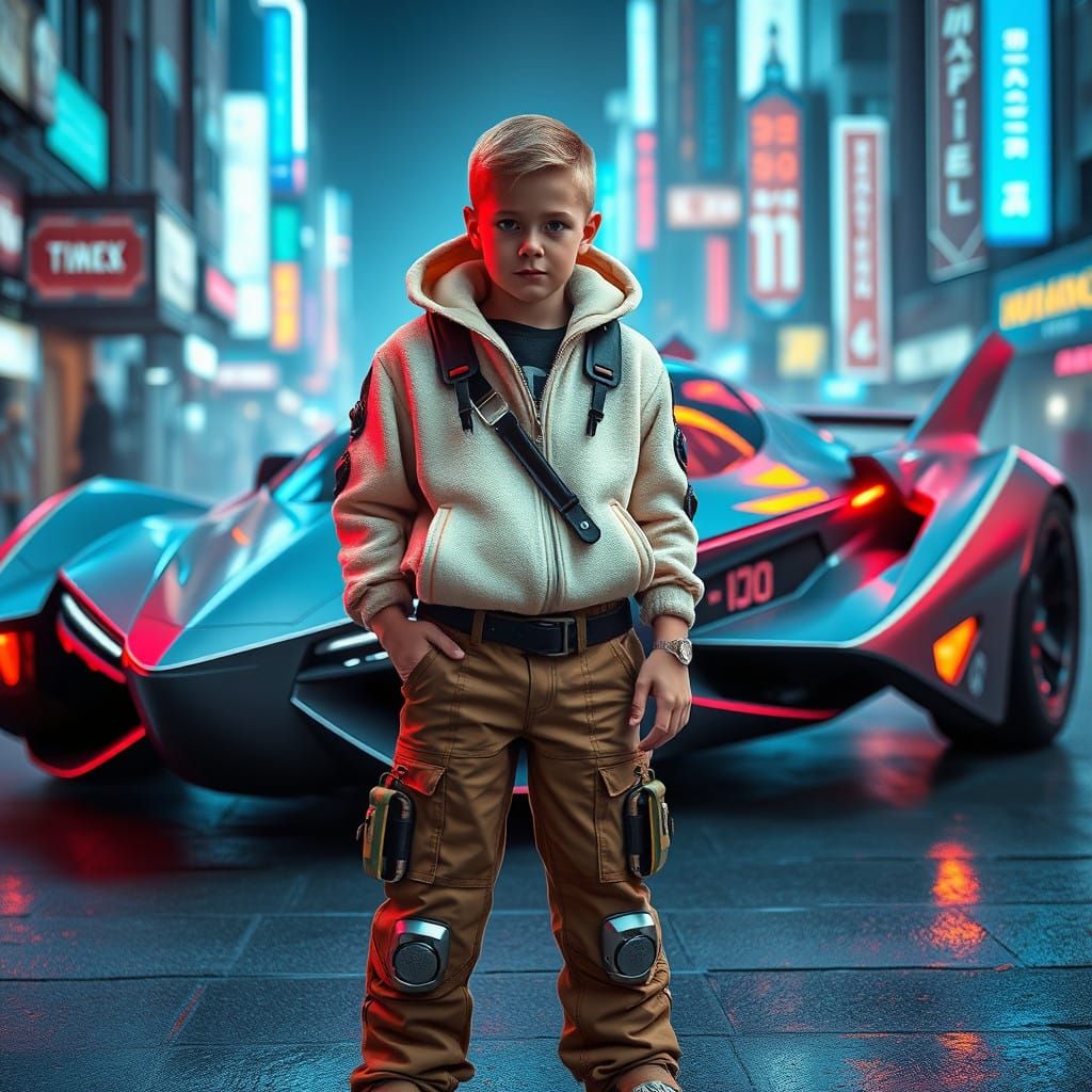 Young Boy Stands Beside Futuristic Flying Car-Spaceship in D...