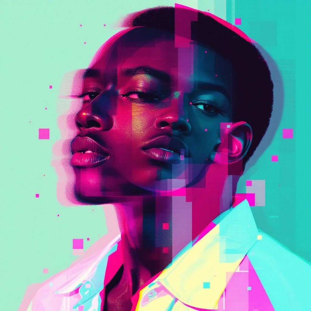 Stylized Glitch Portrait in Fuchsia and Teal Tones