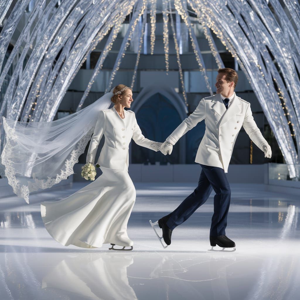 Elegant Couple Skating on Ice Rink in White