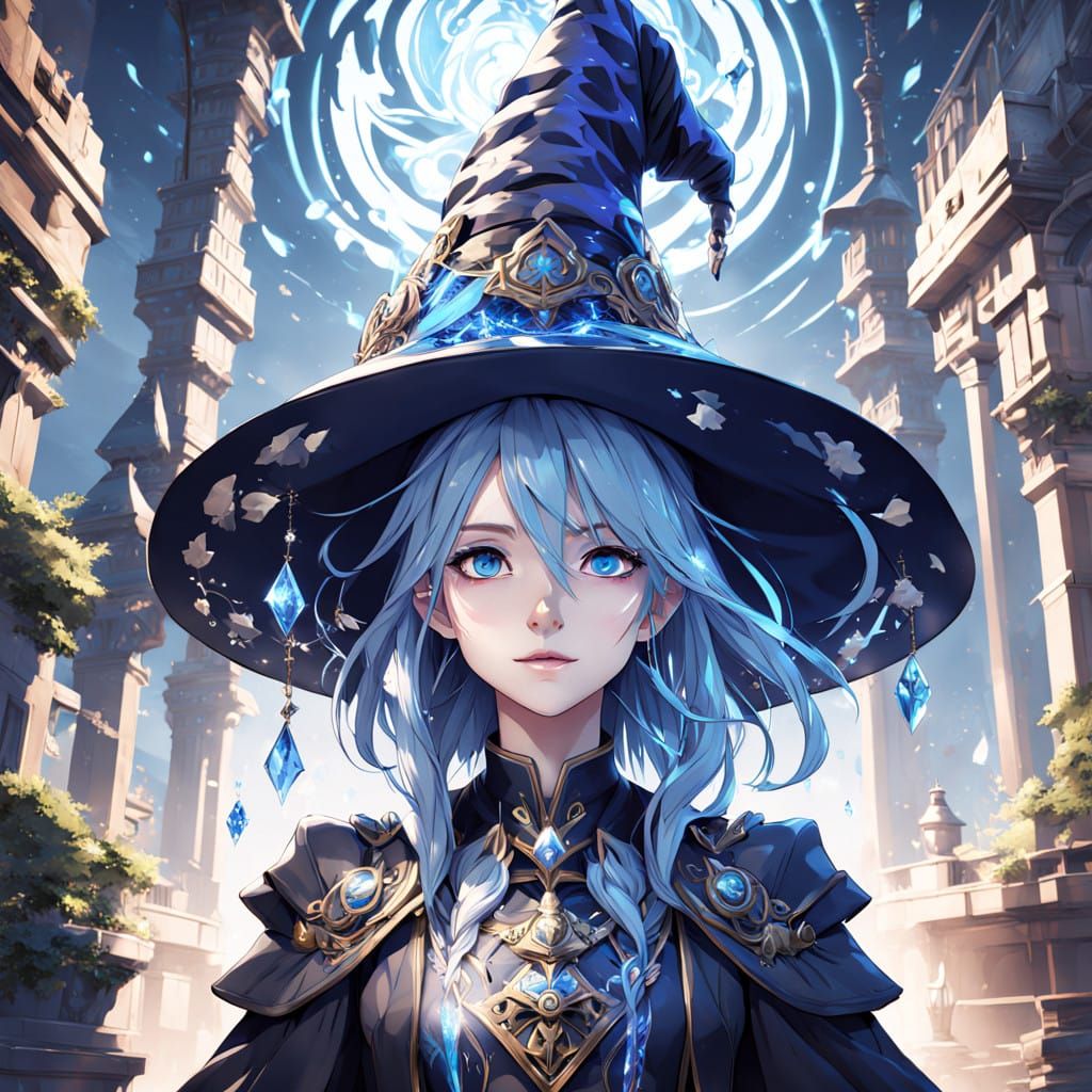 Ethereal Anime Witch in Majestic Blue Attire