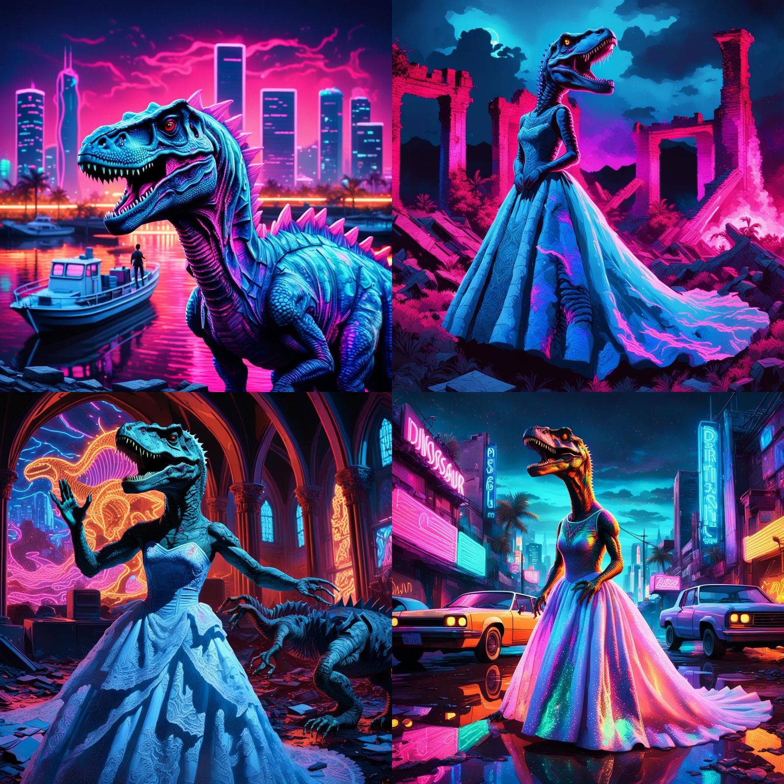 Dinosaur in Wedding Dress: Synthwave Neon Retro