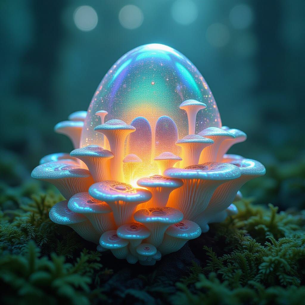 Surreal Fossil Artifact Amidst Bioluminescent Fungi