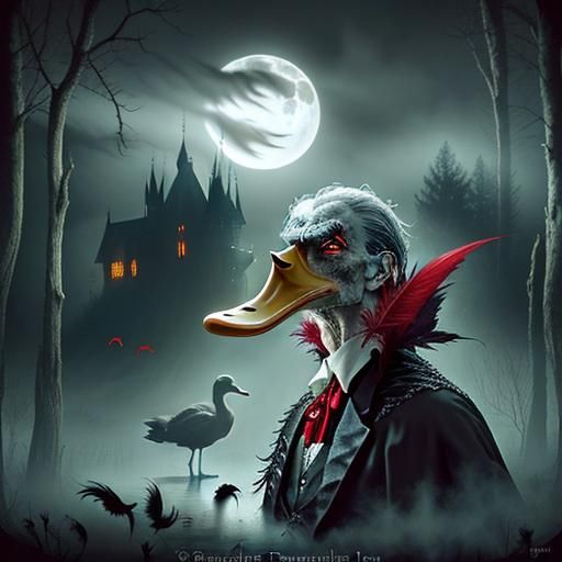 Digital painting. Close-up. Count Dracula, a duck with vampi...