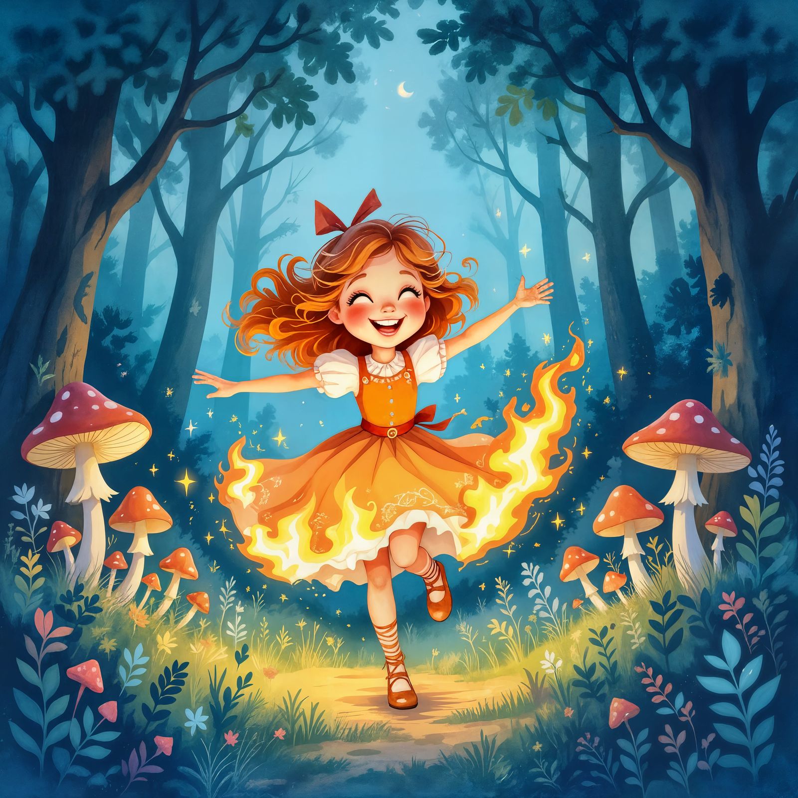 Charismatic Fire Spirit in Enchanted Forest, Watercolor Styl...