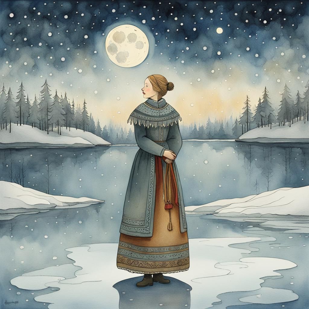 Nordic Woman Singing in Winter Wonderland Watercolor