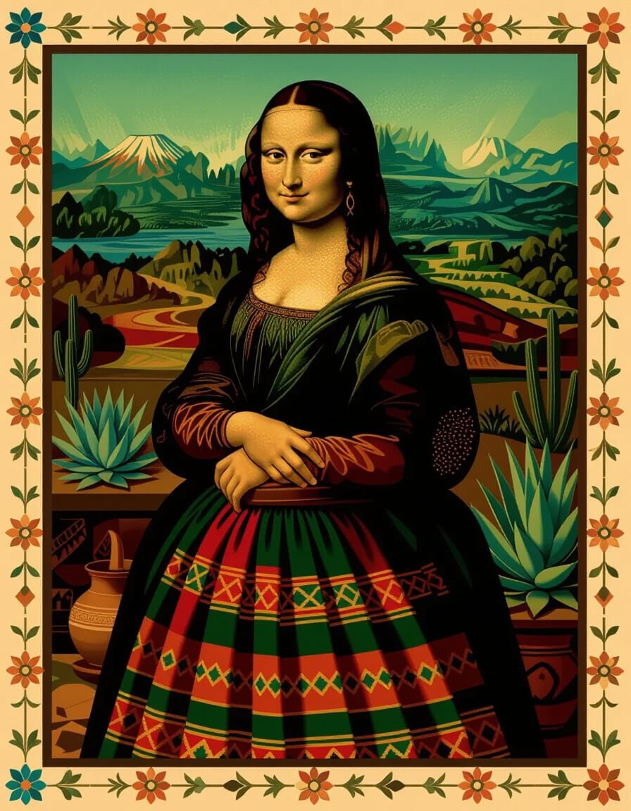 Mona Lisa Reimagined with Mexican Indigenous Patterns