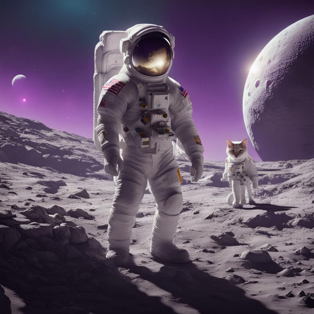 Cat on the Moon with Astronauts: Dark Fantasy Art