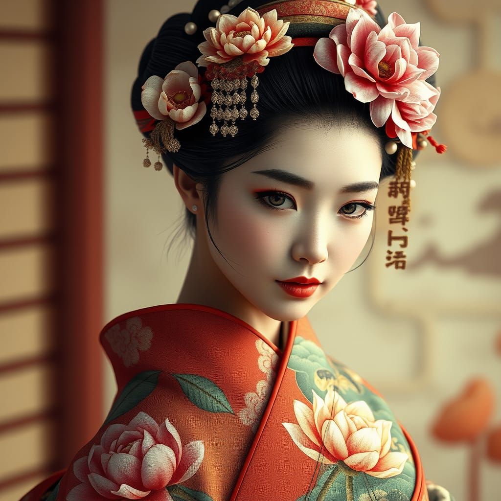 Elegant Japanese Woman Portrait with Lotus Flowers