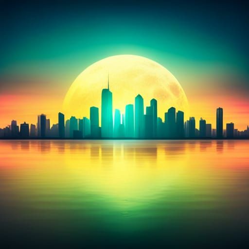 Synthwave City Floating Above Shimmering Lake