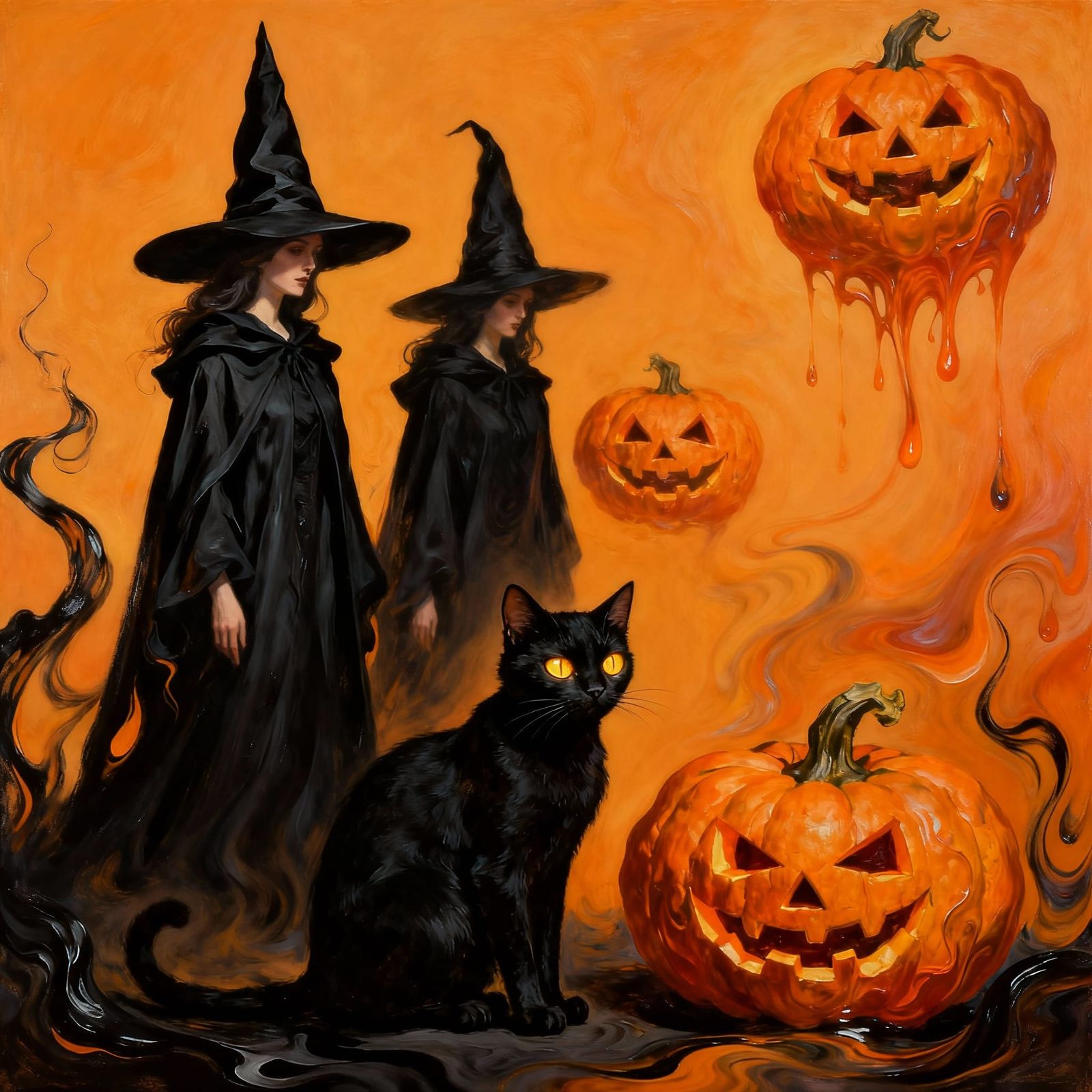 Surreal Halloween Witches with Black Cat and Pumpkins