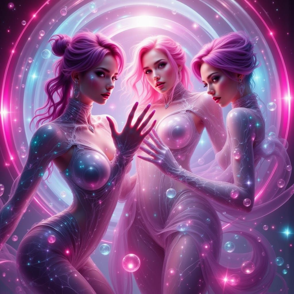 Girls in Exosuits Surrounded by Ethereal Sphere