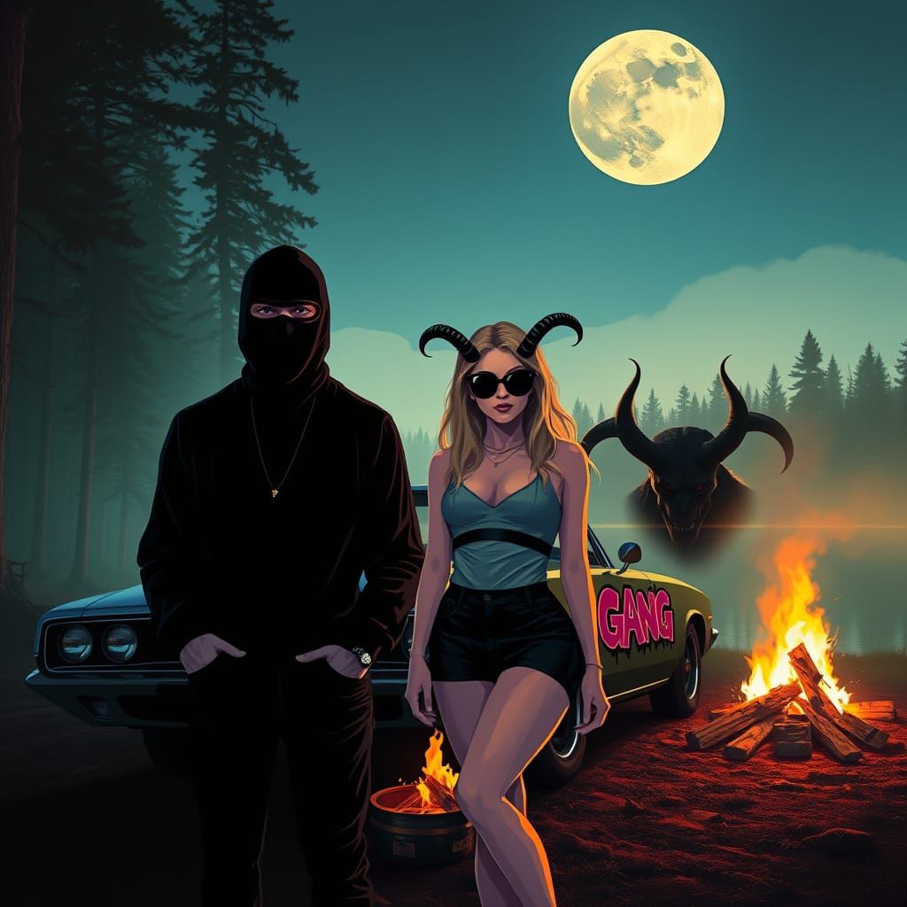 Mysterious Figure in Dark Attire Poses with Blonde Woman and...