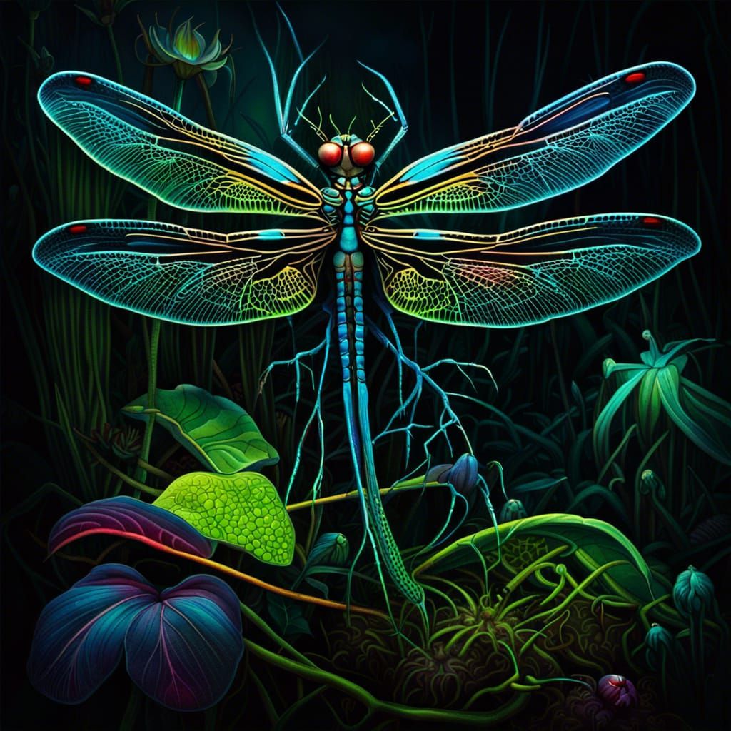 Vivid Dragonfly Amongst Bioluminescent Carnivorous Plants