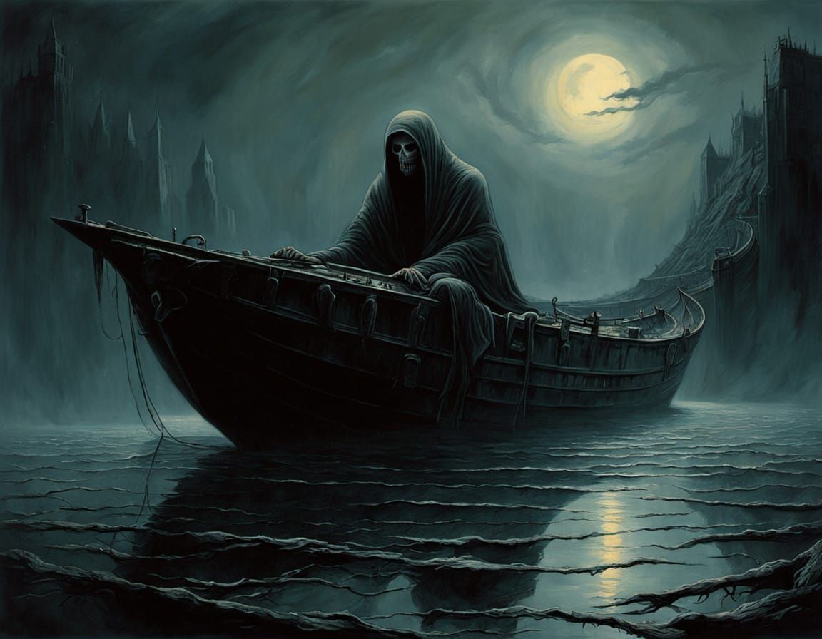 Mysterious Ferryman on the River Styx in a Haunting, Dark Sc...