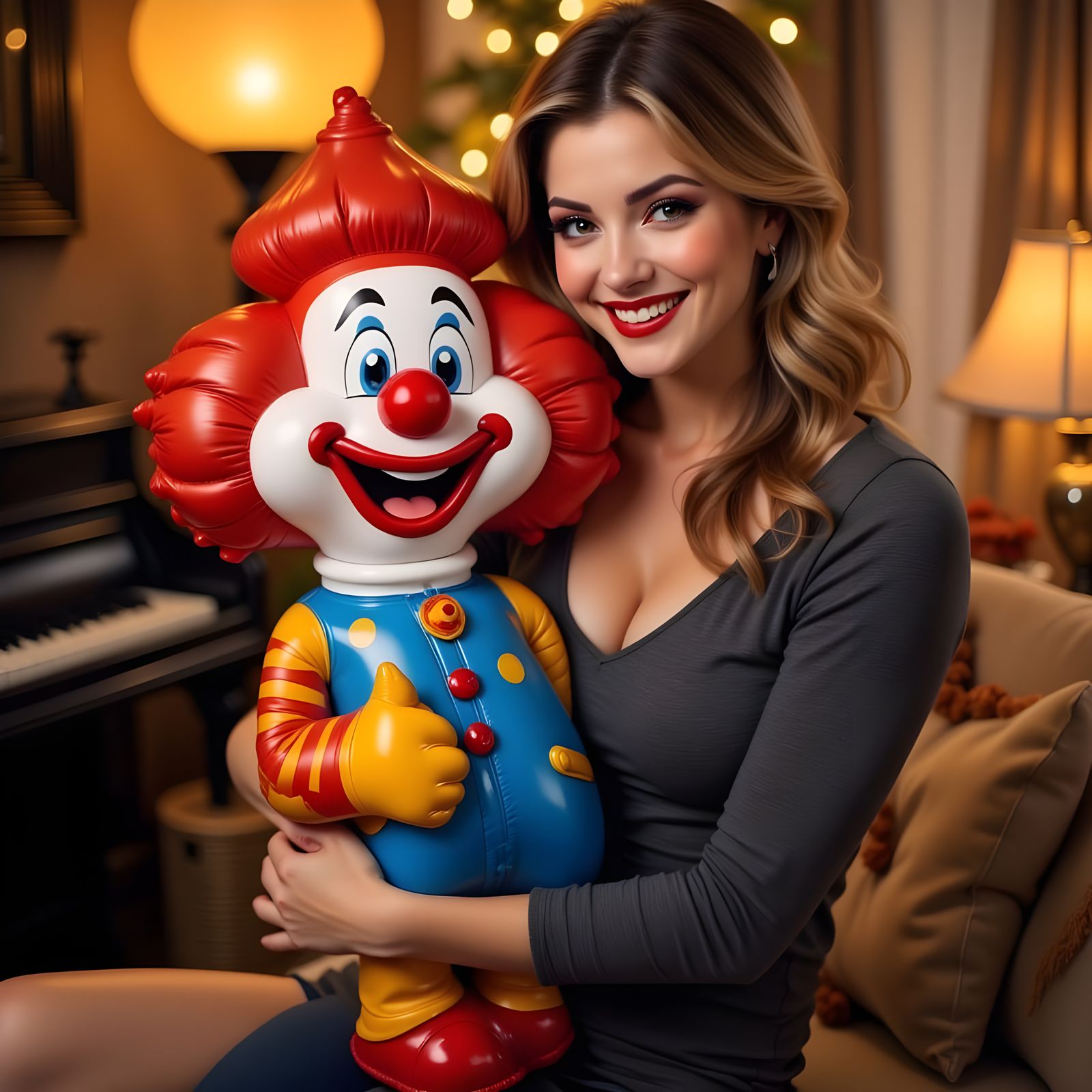 A Woman Embracing Her Favorite Clown in a Cozy Domestic Sett...