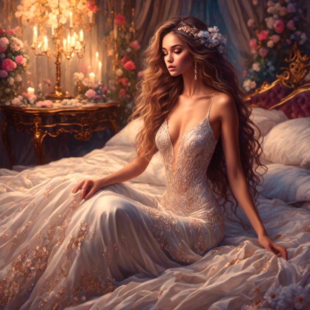 Serene Bride in Decadent Bridal Bedroom, Digital Art