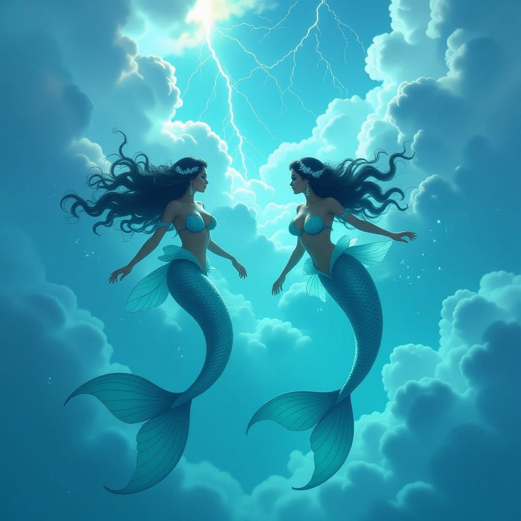 Mermaids Swim Through Turbulent Sky in Digital Art