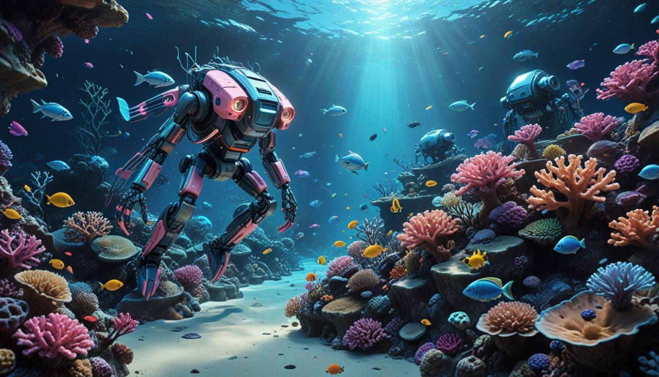 AI Robots Restore Coral Reef in Bioluminescent Style