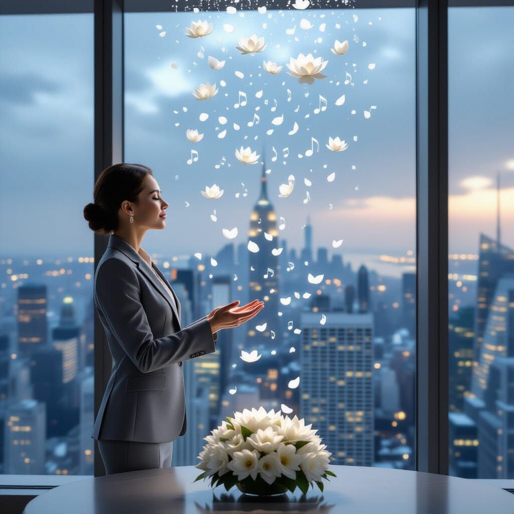 Woman in Office Experiencing Serene Blessing Rain