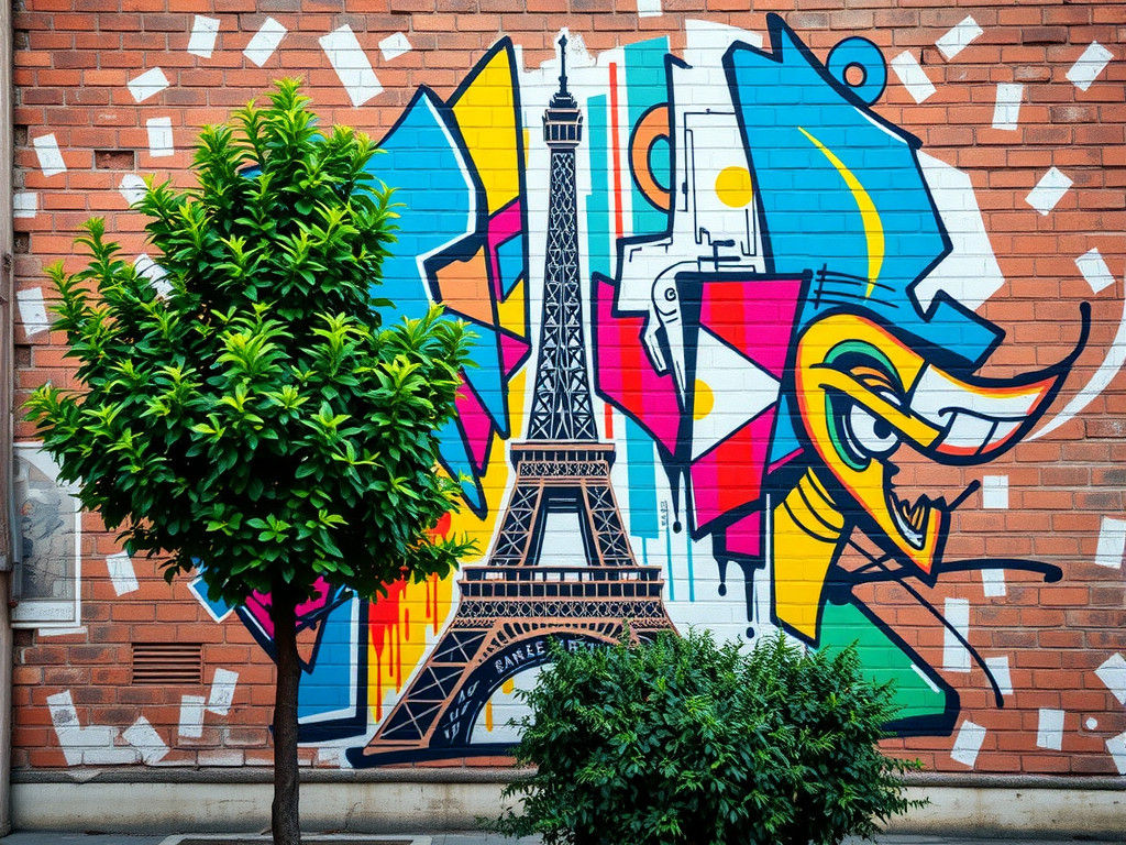 Eiffel Tower Graffiti Art on Brick Wall
