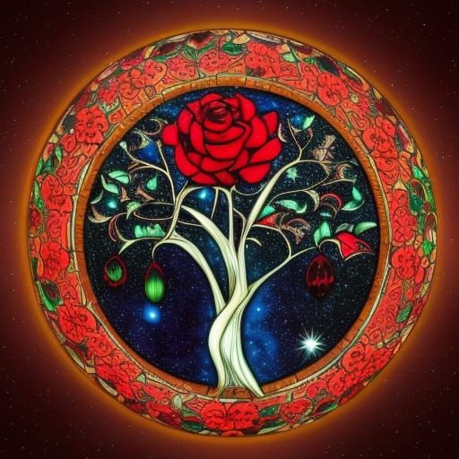 Intricate Glass Apple with Cosmic Tree, Splash Art