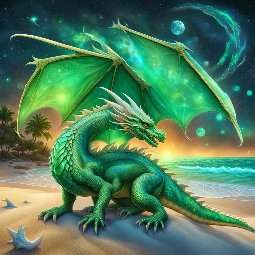 Green Dragon Under Starry Skies, Astral Illustration