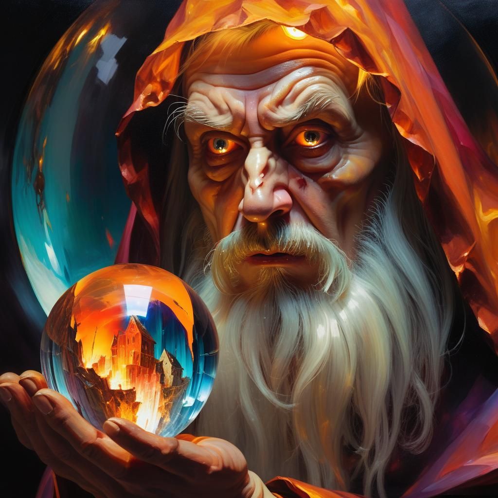 Evil Wizard Watching Destruction: Surreal Oil Painting