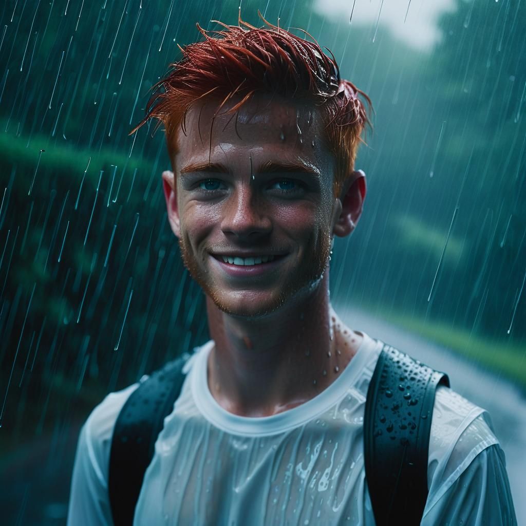 Fit Teen Boy in Rain with Cinematic Lighting